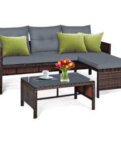 3 Pieces Patio Conversation Bistro Set with Washable Couch Cushion-Grey