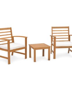 3 Pieces Acacia Wood Patio Conversation Set with Soft Cushions-White
