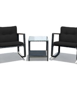 3 Pieces Outdoor Rocking Bistro Set PE Rattan with Cushions-Black
