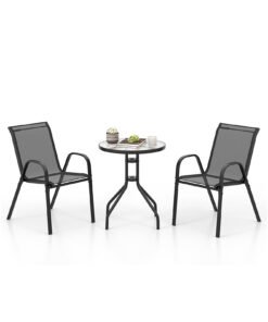 3 Pieces Outdoor Bistro Set with 2 Stackable Chairs and Round Side Table-Black