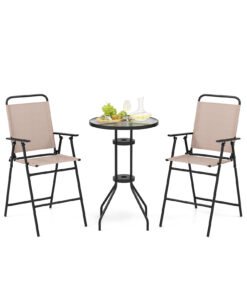 3 PCS Outdoor Bistro Set Patio Bar Table with 2 Folding Chairs-Beige