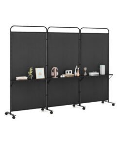 3-Panel Folding Room Divider Rolling Privacy Screen with 3 Metal Shelves-Black
