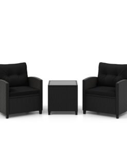 3 Piece Patio Furniture Set Rattan Conversation Set with Seat and Back Cushions-Black
