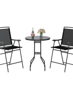 3-Piece Outdoor Bar Stool Set with DPC Tabletop and Umbrella Hole and Footrest-Black