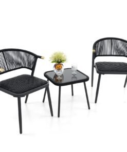 3 Piece Outdoor Wicker Furniture Set with Tempered Glass Coffee Table-Black