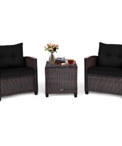 3 Piece Patio Rattan Furniture Set for Porch Balcony Garden Yard-Black