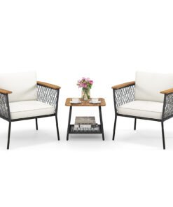 3 Piece Patio Furniture Set with Acacia Wood Armrests and Tabletop-White