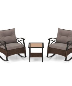 3 Piece Patio Rocker Set with Coffee Table and Cushions-Grey
