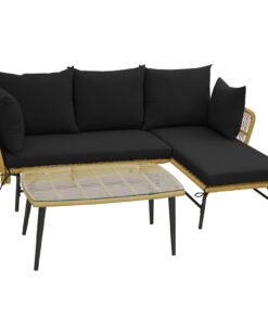 3 Pieces L-Shaped Patio Conversation Set with Tempered Glass Table-Black