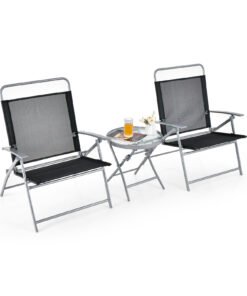 3 Pieces Foldable Patio Bistro Set with Glass Tabletop