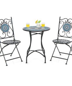3 Pieces Patio Bistro Set Mosaic Pattern Metal Dining Set