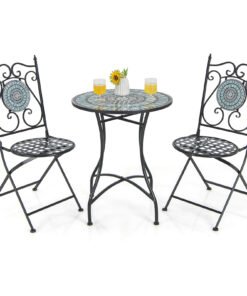 3 Pieces Patio Bistro Set Mosaic Pattern Metal Dining Set Folding