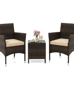 3 Pieces Patio Rattan Furniture Set with Soft Cushions and Glass Top Table-Beige