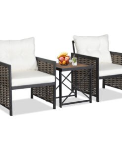 3 Pieces Patio Rattan Bistro Set with Acacia Wood Tabletop-White