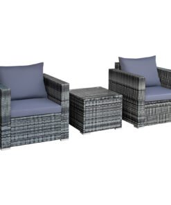 3 Pieces Rattan Bistro Set with Cushions for Balcony-Grey