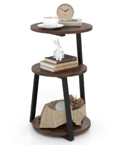 3-Tier Accent Round End Table with Metal Frame and Adjustable Foot Pads-Rustic Brown