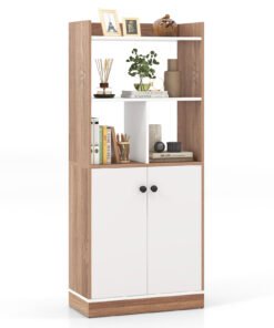 3-Tier Tall Bookcase with Double-Door Cabinet