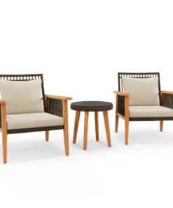 3 Piece Patio Furniture Set Wicker Woven Chair Set with Coffee Table-Beige
