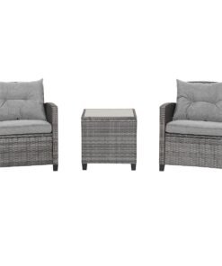 3 Piece Patio Rattan Sofa Set with Solid Tempered Glass Tabletop and Heavy-Duty Steel Frame-Grey