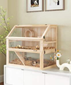 PawHut Wooden Hamster Cage with Detachable 31cm Deep Bottom, Hut, Seesaw, Exercise Wheel, Ramp, 80 x 50 x 76cm, Natural