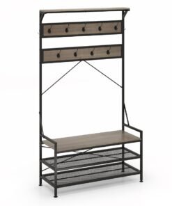 4-In-1 Coat Rack with 11 Hanging Hooks and Shoe Bench for Mudroom-Grey