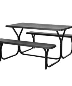Picnic Table Bench Set with Metal Base Wood for Outdoor-Black