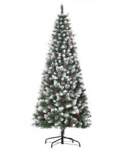 HOMCOM 6FT Artificial Christmas Tree Xmas Pencil Tree with Red Berries and Pinecones Holiday Home Indoor Decoration with Foldable Feet, Green