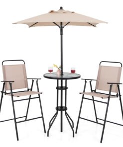 4 Pieces Outdoor Bar Set with 2 Folding Counter Height Chairs and Umbrella-Beige