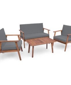 4 Piece Outdoor Conversation Set with Soft Seat and Back Cushions-Grey