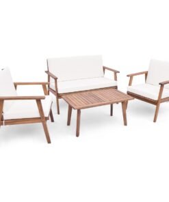 4 Piece Outdoor Conversation Set with Soft Seat and Back Cushions-White