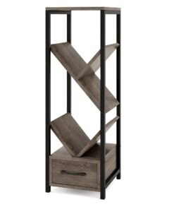 4 Tier Tree Bookshelf with Drawer and Metal Frame for Living Room Bedroom-Grey