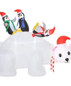 HOMCOM 5ft Outdoor Christmas Inflatable with LED Light, Lighted Blow up Polar Bear with Three Penguins, Giant Yard Party Decoration for Home Garden Lawn Party Prop
