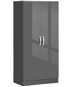HOMCOM High Gloss Wardrobe, 2 Door Wardrobe with Hanging Rod and Storage Shelf, Clothes Storage Organizer with Anti-tipping Design for Bedroom, Grey