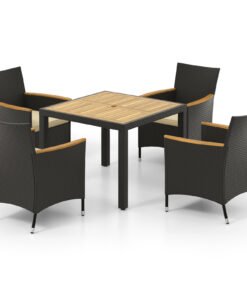 5 PCS Patio Dining Table Rattan Conversation Set with Umbrella Hole-Brown