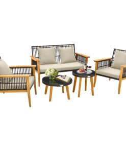 5 Pieces Outdoor Conversation Set with Acacia Wood Frame and Cushions-Brown