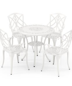 Patio Bistro Table Chair Set with Umbrella Hole for Garden Patio Balcony-White