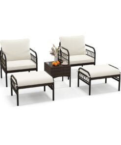 5 Piece Patio Conversation Set with Ottomans and Coffee Table-White