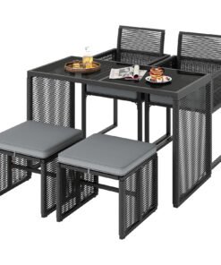 5 Pieces Patio Dining Set with Removable Cushions and Rattan Ottomans-Grey