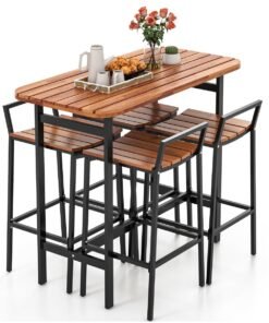 5 Piece Acacia Wood Bar Table Set with Metal Frame and Footrest