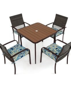 5 Pieces Patio Dining Set with 4 Cushioned Rattan Armchairs and Square Table