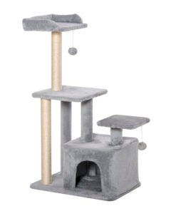 PawHut Cat Tree Tower for Indoor Cats 114cm Climbing Activity Centre Kitten with Sisal Scratching Post Perch Hanging Ball Condo Toy Light Grey