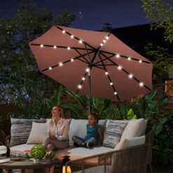 Outsunny ?2.7m Garden 24 LED Light Parasol Solar Outdoor Tilt Sun Umbrella Patio Club Party Event Manual Sun Shade w/ Hand Crank and 8 Ribs, Brown