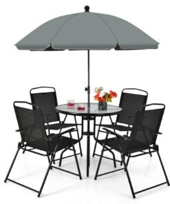 6 Pieces Patio Dining Set with Folding Chairs and Glass Table-Black