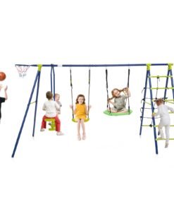 6-in-1 Metal Swing Set with 2 Height-Adjustable Swings for Kids 3-12 Years Old-Green