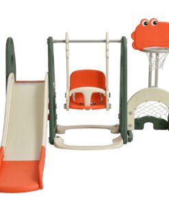 6 in 1 Toddler Slide and Swing Set with Adjustable Basketball Hoop for Indoor-Orange