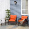 Outsunny 3 Pieces Rattan Bistro Set with Glass Top Coffee Table, Chairs and Cushions for Outdoor, Patio, Balcony, Orange