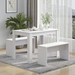 HOMCOM Kitchen Dining Table and 2 Benches Set, Table and Chairs Set for Limited Space, White