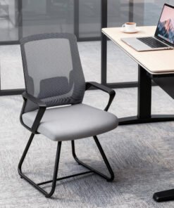 HOMCOM Desk Chair No Wheels, Office Chair with Mesh Back, Lumbar Support, Metal Base for Waiting Room, Conference Room, Dark Grey