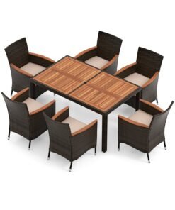 7 Pieces Patio Wicker Dining Set Acacia Wood Table and 6 Stackable Chairs