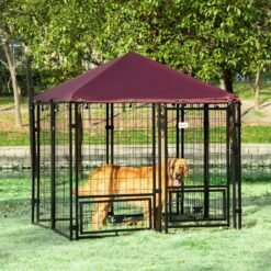 PawHut Outdoor Dog Kennel with Rotating Bowl Holders, Water and UV-Resistant Cover, for Medium, Small Dogs, Red